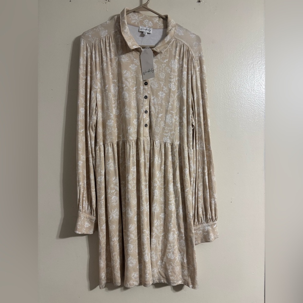 Wonderly Beige Floral Long Sleeve Button Front Dress